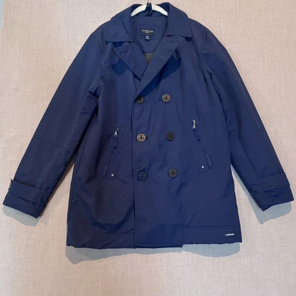 Lands’ End Men’s Squall Coat Jacket Navy Blue Medium Tall M/T Fleece Lined Water